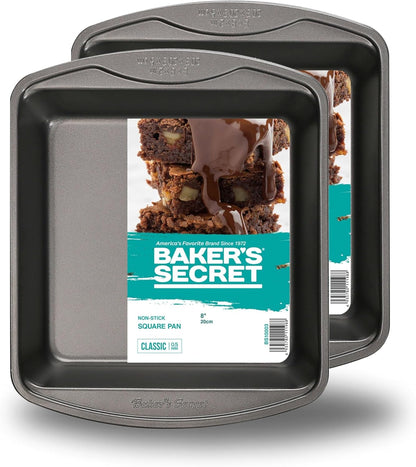 Baker's Secret 2pcs Nonstick Square Cake Pan 8", Premium Food-Grade Coating, Carbon Steel Classic Collection