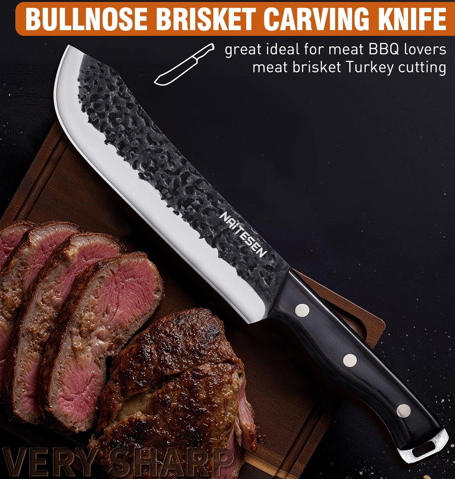 Naitesen Professional Butcher Knife Set 3, Bullnose Meat Carving knife Breaking Knife Boning Knife Hand Forged Very Sharp for Meat Cutting Home Kitchen Cooking BBQ Gifts for Men Women