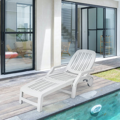 Tangkula Outdoor Chaise Lounge Chair, 5-Position Adjustable Recliner with Storage Box and Flexible Wheels, All-Weather Folding Patio Lounge Chair for Poolside, Beach and Backyard (2, White)