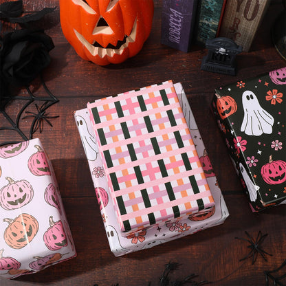 12 Sheets Halloween Wrapping Paper - Not Roll - Pink White Ghost Pumpkin Gift Wrap Paper Folded Flat Cute Art Paper for DIY Crafts, 19.7 x 27.6 Inch