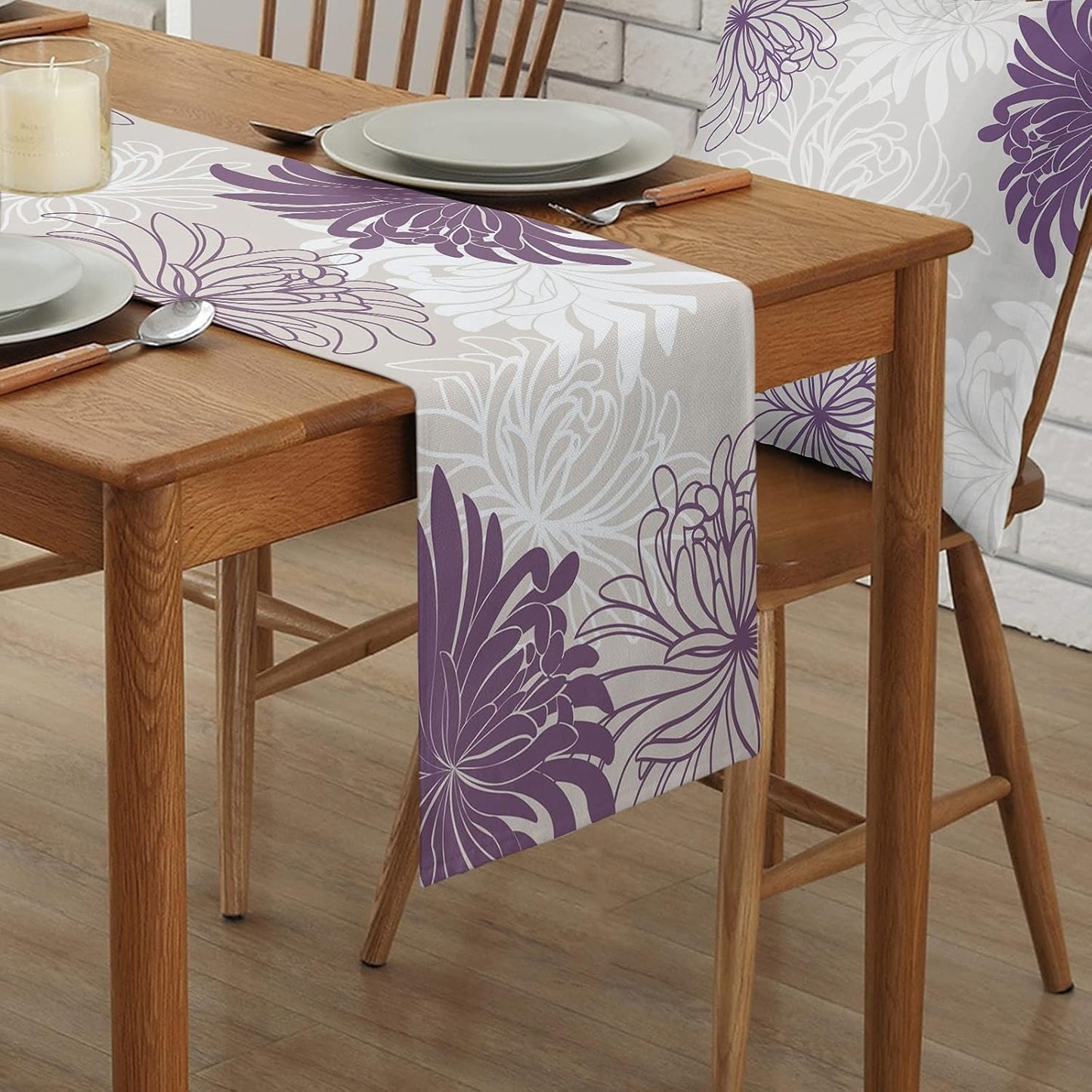 Table Runner, Chrysanthemum Flower Purple White Dresser Scarves for Holiday Dinner Parties, 13x120inch