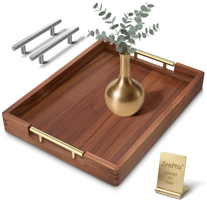 ZENPTIA Acacia Wood Serving Tray with 2 Sets of Handles (Gold & Silver) - 17" Large Wooden Tray for Ottoman Coffee Table, Decorative Tray for Living Room & Kitchen - Solid Wood Table Topper