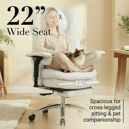 Efomao Big & Tall Executive Office Chair with Footrest - 400lbs Heavy Duty High Back PU Leather Desk Chair, Modern Ergonomic Reclining Computer Chair, White