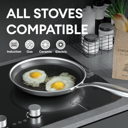 COOKER KING 8-Inch Stainless Steel Pan, Hybrid Nonstick Frying Pan, Skillet, 3-Ply Clad Cookware, Even Heat Distribution, Dishwasher & Oven Safe, with Stay-Cool Handle, Induction Compatible