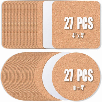 54 Pcs Cork Coasters, 4 Inches with Adhesive, Bulk Cork Sheets Mats for Drinks, Plants, DIY Crafts, Office (4"x 4",