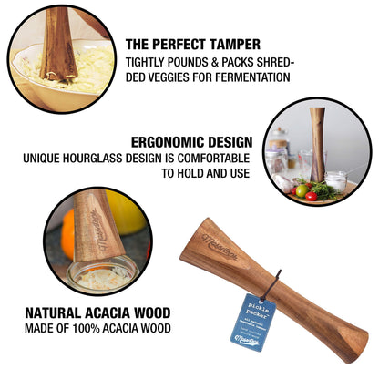 Masontops Pickle Packer - Acacia Wood Vegetable Fermentation Tamper - Cabbage Sauerkraut Pounder - Fermenting Food Tool