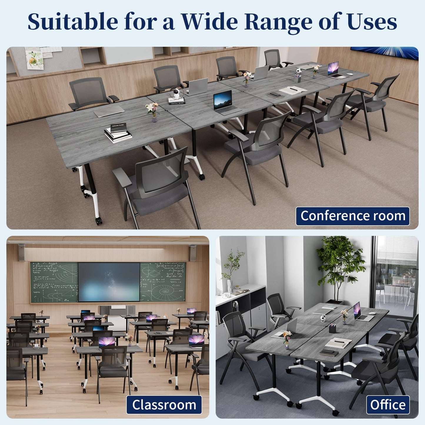 Modular Folding Conference Table with Wheels,8 Pack Mobile Conference Room Tables,Filp Top Rolling Meeting Training Tables for Office,Classroom,Library,Seminar,Boardroom,school(8pack,Grey,47in)