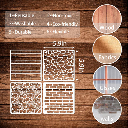 12 Pieces Brick Stencil Template, 6" x 6" Brick Wall Stencil Reusable Crafts Stencils for DIY Crafts Cookie Cake Journaling Scrapbooking Card Making Airbrushing Painting or Mixed Media (12-Brick)