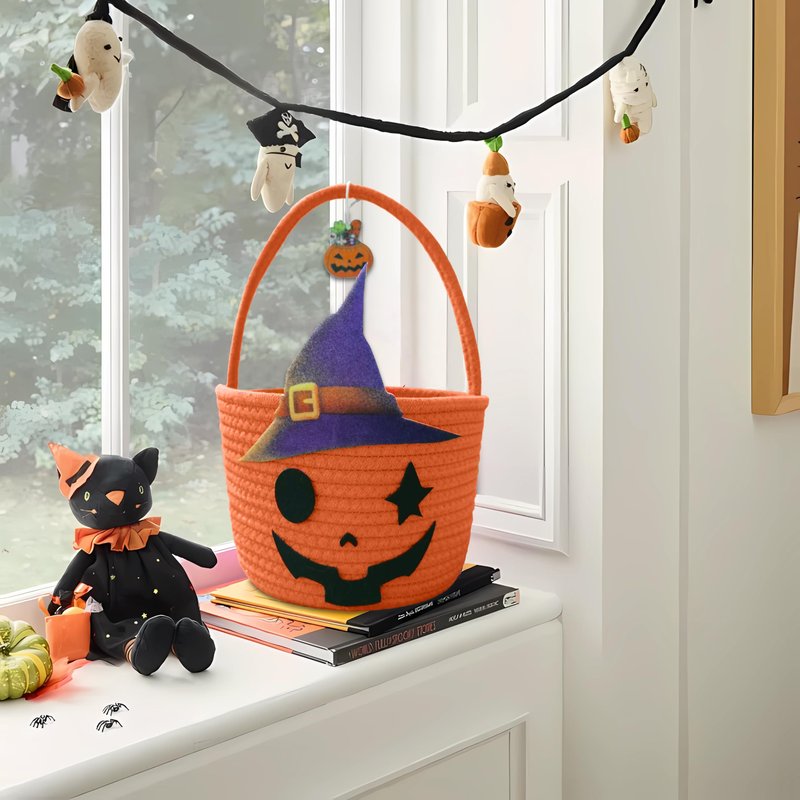 Halloween Pumpkin Basket for Kids, Woven Rope Candy Basket, Halloween Decorations, Small Woven Rope Basket bins, Orange