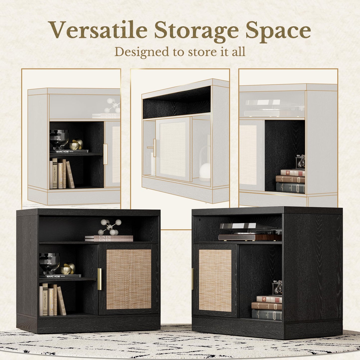 Perledesign Rattan File Cabinet with Door, 32'' Lateral File Cabinet with Open Adjustable Shelves, Wood Filing Cabinet with Sliding Door for Home Office, Black