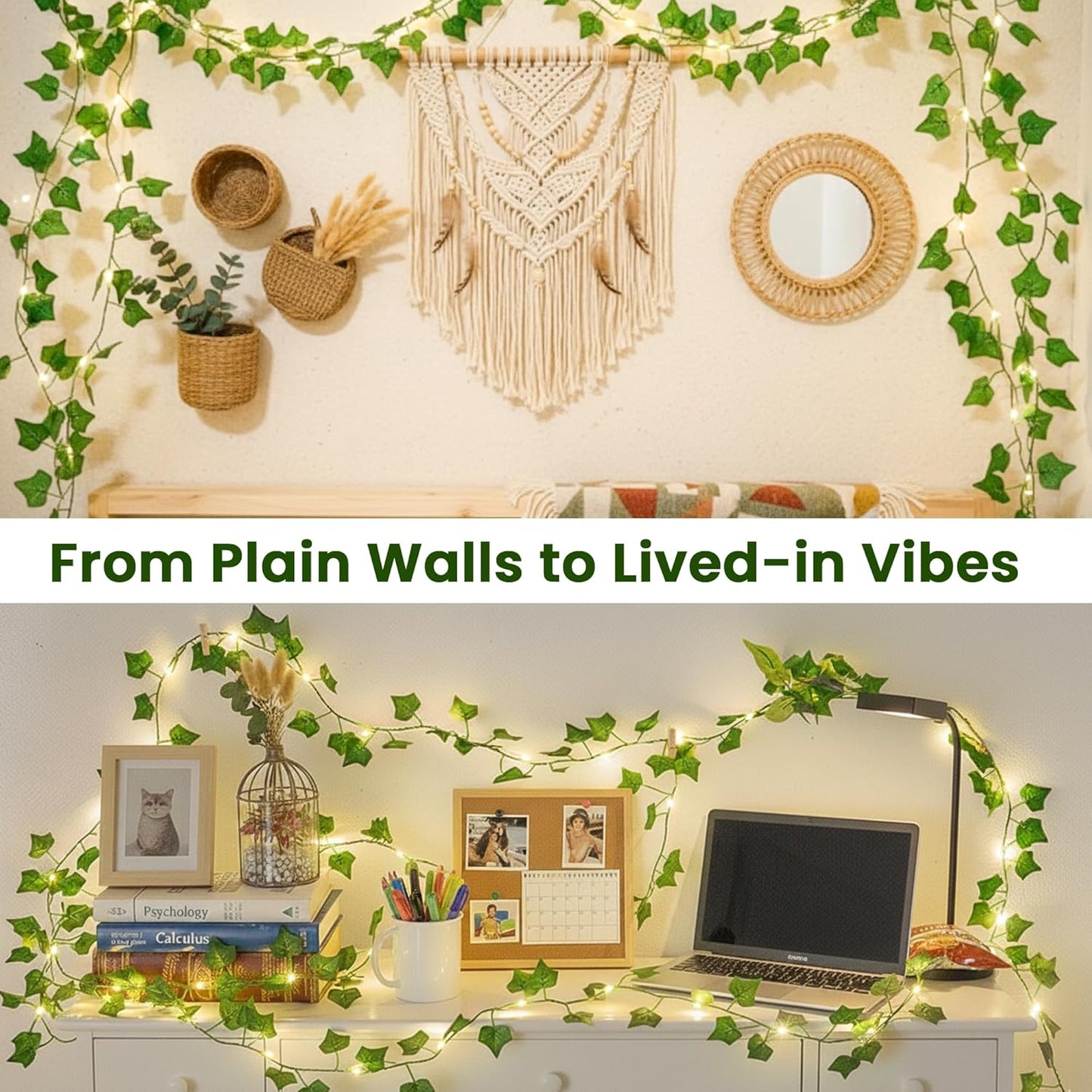 23FT 73 Ivy Vine String Lights, LED Lighted Garland with Green Leaves, USB & Battery Powered, Room Wall, Dorm, Bedroom