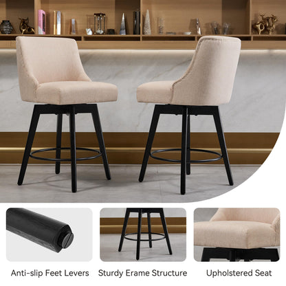 Erdoru Counter Height Bar Stools Set of 4,Swivel Barstools with Backs and Wood Legs,Linen Fabric Upholstered Counter Stools for Kitchend Island,Mid-Century Modern 26"Seat Height Bar Chairs,Flax Beige