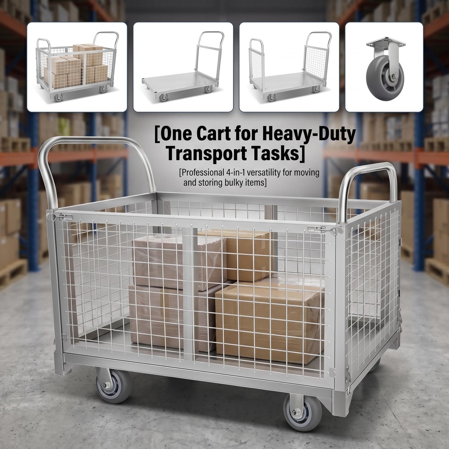 2200 LBS 4-in-1 Cart, Platform Truck Cart with maidian, 360° Direction Wheel Platform cart, Rust Resistant Steel Cage, for Grocery Store, Garage & Warehouse use