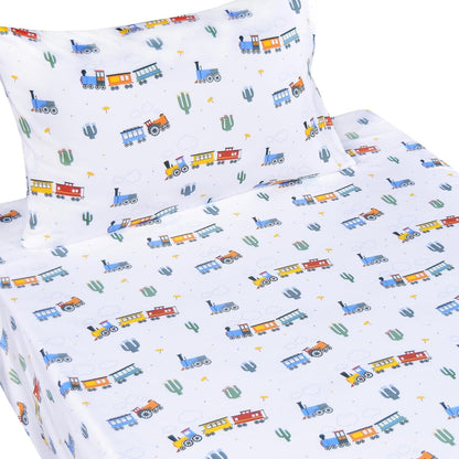 Scientific Sleep 100% Cozy Set, Set Little Train Cactus Cute Fun Cotton Twin Bed Sheet Flat Sheet & Fitted Sheet