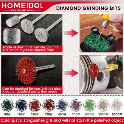 51Pcs Diamond Bits for Dremel Tool Accessories, HOMEIDOL Polishing Kits, 1" Radial Bristle Disc with 3/32", 1/8" Shank Rotary Tool Bits Diamond Grinding Bits for Stone Ceramics Metal Sanding