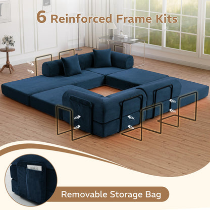 Trygoal 142" Oversized Modular Sectional Sofa Bed, 7-in-1 Convertible Corduroy Cloud Couch with Storage Bag & Reinforced Frame, Deep Seat Sectional Couches for Living Room, Tool-Free Assembly, Blue