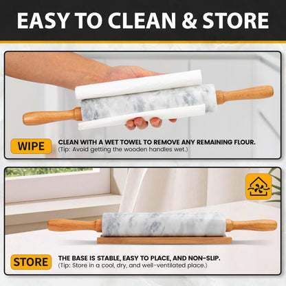 Kafoor 16.7 Inches Marble Rolling Pin for Baking with Wooden Handles & Wooden Cradle - Rolling Pin for making Pizza Dough & Tortillas, Dough Roller for Pasta, Cookie, Pie Crust and More!