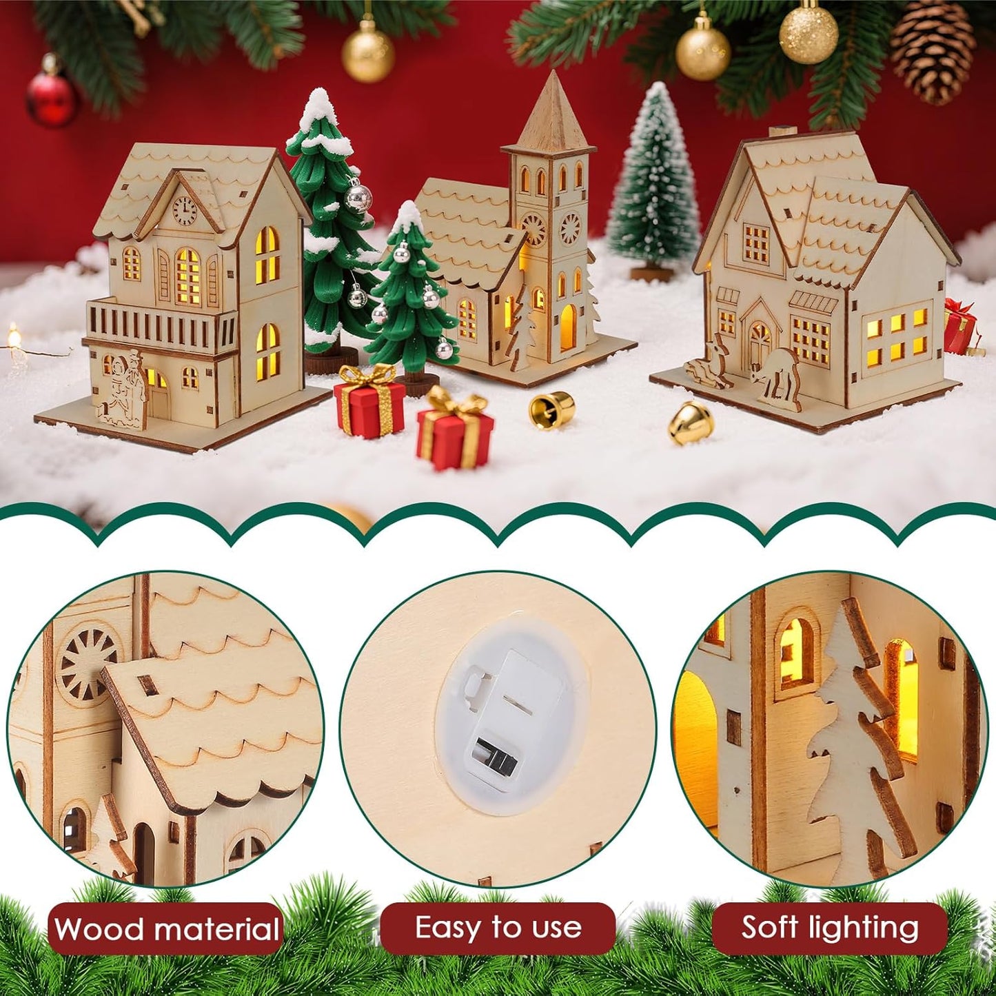 Skiennix Christmas Village Houses - LED Light Wooden Decor | Unfinished Rustic Design for Holiday Centerpieces