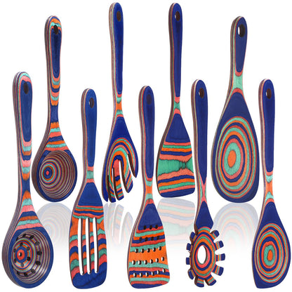 Teenyyou 9 Pcs Blue Rainbow Pakkawood Kitchen Utensils Wooden Spoons for Cooking Pakkawood Soup Ladle Deep Spoons Set Wood Non Stick Utensils with Long Handle for Kitchen Household Womnn Gifts Tools