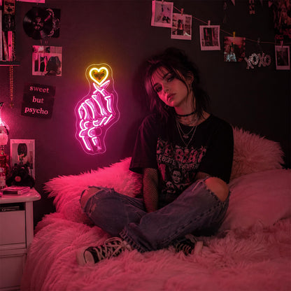 HSJNJKFU Pink & Yellow Neon Sign for Wall Decor Led Light Sign Neon Light for Room Party Home Wall Decor USB Powered - Skeleton Finger Heart