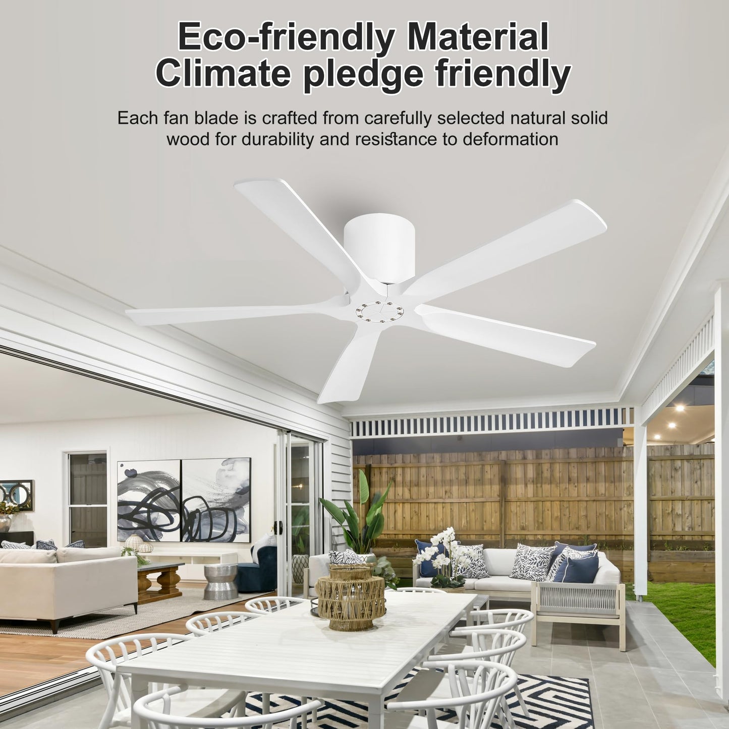 LEDLUX 52 Inch Flush Mount Ceiling Fan No Light - 5 Solid Wood Blades, 6-Speed Reversible DC Motor, Noiseless Low Profile Ceiling Fan without Light for Bedroom Living Room, White