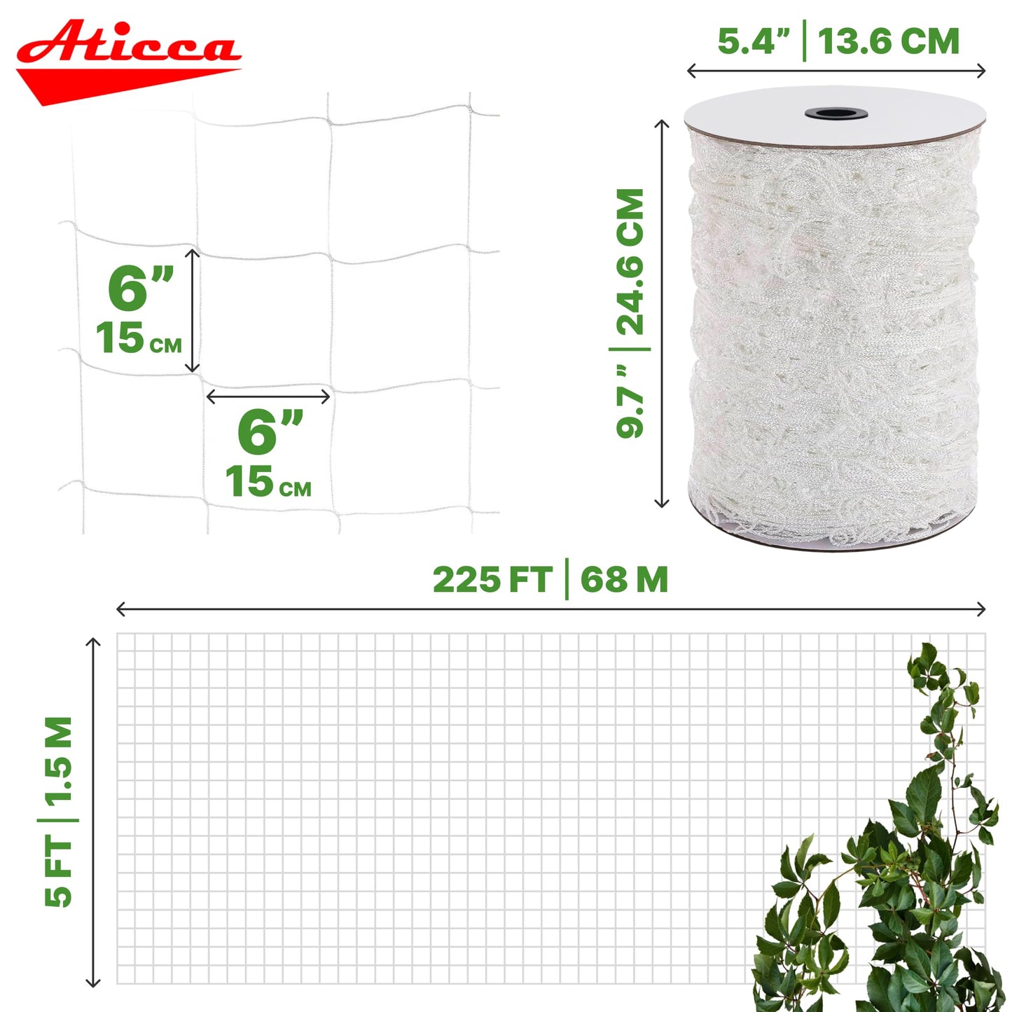 ATICCA Trellis Netting 5 x 225 ft Heavy Duty Polyester Plant Support Netting White - 6 Inch Garden Rope Trellis on Roll - Mesh Twine for Growing Vine Climbing Plants, Flowers, Peas, and Tomatoes.