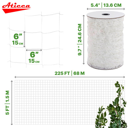 ATICCA Trellis Netting 5 x 225 ft Heavy Duty Polyester Plant Support Netting White - 6 Inch Garden Rope Trellis on Roll - Mesh Twine for Growing Vine Climbing Plants, Flowers, Peas, and Tomatoes.