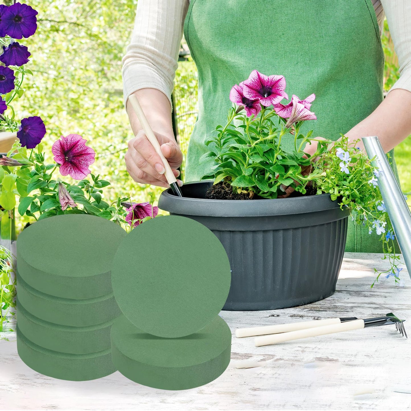 MECCANIXITY Floral Foam Block Round 7.1 x 1.5 Inch Dry or Wet Flower Foam Bricks for Flower Arrangements Wedding Birthday Party Decorations Green, Pack of 6