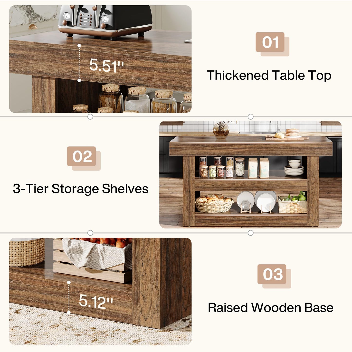 Tribesigns 55-Inch Kitchen Island with Storage, Farmhouse 3-Tier Stationary Island Table with Large Countertop, Wooden Coffee Bar Table Storage Cabinet for Kitchen, Dining Room, Living Room, Brown