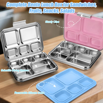 Palksky Lunch Bento Box Stainless Steel, Metal Bento Boxes for Kids Leak-Proof, 5 Compartments Lunchable Food Storage Containers with Lid for School, Office, Travel - Blue