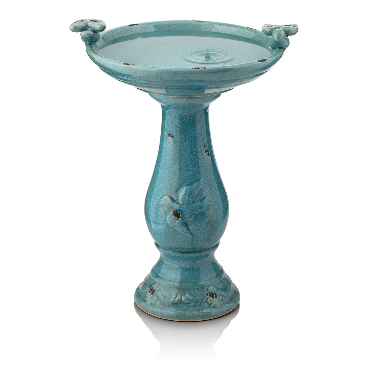 Alpine Corporation 25" Tall Outdoor Ceramic Antique Pedestal Birdbath Bundle with Red and Turquoise Bird Figurines