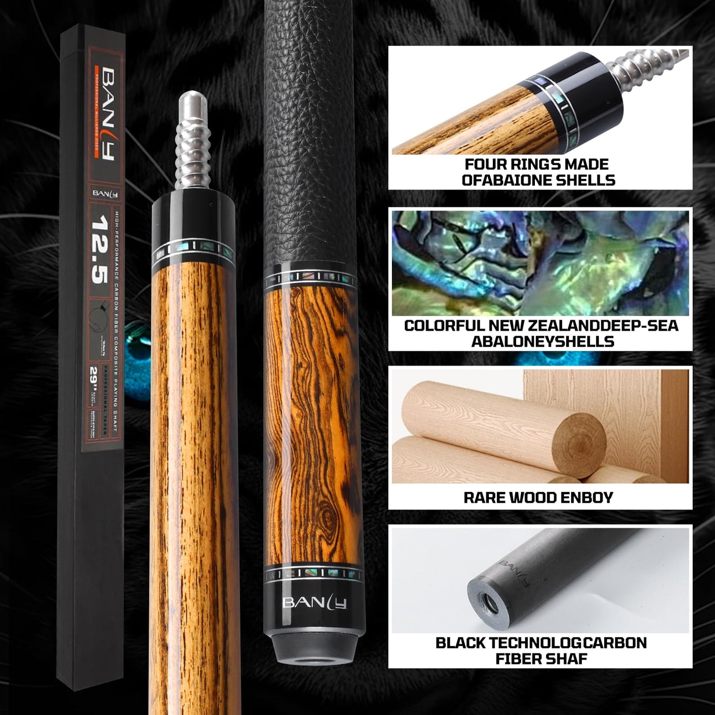 Banly Carbon Fiber Pool Cue Stick 12.5mm Time Crystal Tip, Low Deflection Pool Cue Professional Billiard Cue Sticks with Ebony Wood Butt Gift Box