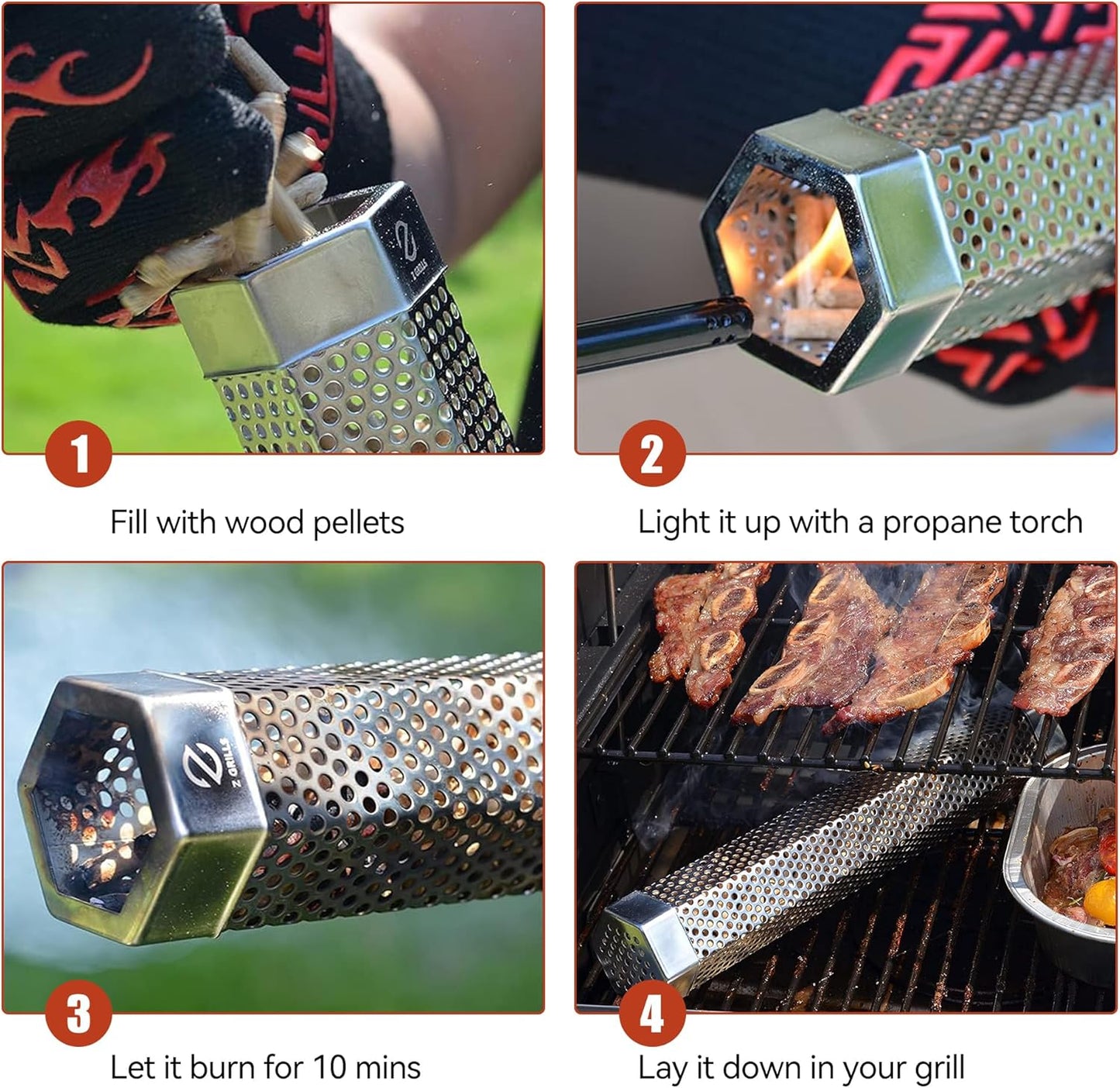 Z GRILLS 12" Pellet Smoker Tube with 2 Hooks and Brush, BBQ Billowing Smoke Mesh for Cold/Hot Smoking