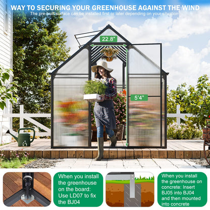 CDCASA 6x16 FT Greenhouse for Outdoors, Large Polycarbonate Greenhouse Aluminum Greenhouses w/Vent Window, Swing Door & Easy Assembly Walk-in Green House for Patio, Backyard, Garden, Black