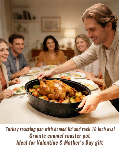 MCCSI Roasting Pan with Lid & Rack 18 Inch Extra Large Deep Oven Baking Pot, Enamel Granite Non-Stick Oval Carbon Steel Pot for Turkey Chicken Ham Steak Non-Toxic for Mother Day Gift Roaster Pan
