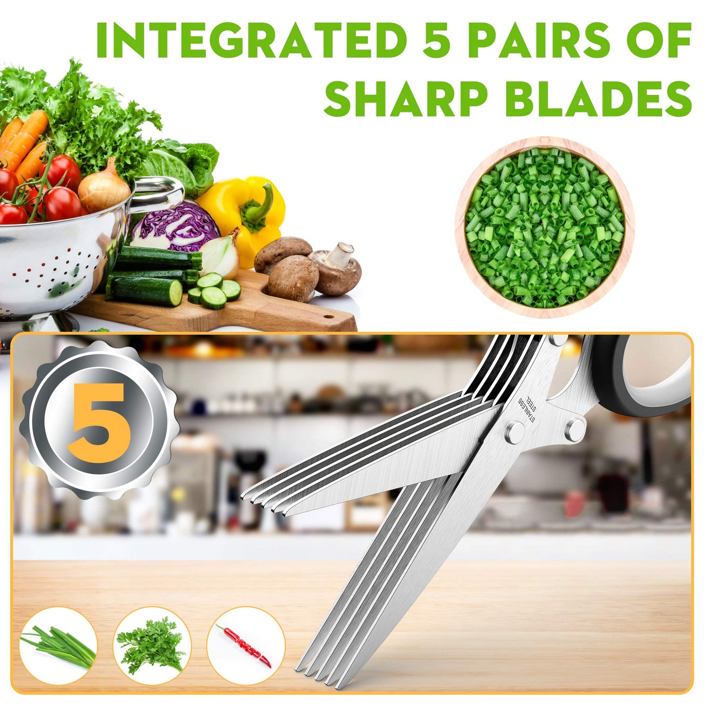 Herb Scissors with 5 Blades and Cover, Kitchen Herb Cutter with Cleaning Comb, Stainless Steel Multi Blade Herb Shears for Basil Parsley Cilantro, Easy Clean Cooking Tool, Unique Kitchen Gadgets Gift