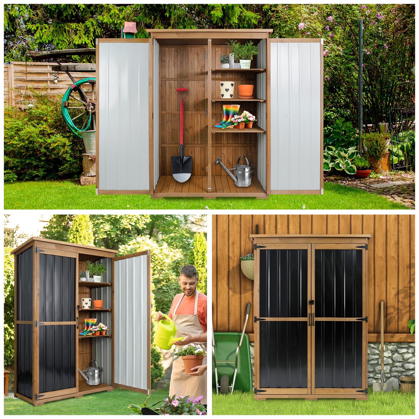 Outdoor Storage Cabinet Waterproof with Shelves, Outdoor Storage Shed Garage Cabinet Weatherproof, Wood & Metal Outside Patio Backyard Garden Pool Storage Tool Organizer