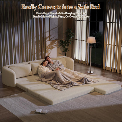 Vesgantti 110.2" Boneless Sectional Couch with Curved Armrest, 6 in 1 Convertible Folding Sleeper Sofa Bed, Chenille Modular Sofa for Living Room, No Assembly Required, Beige, Right Facing Chaise