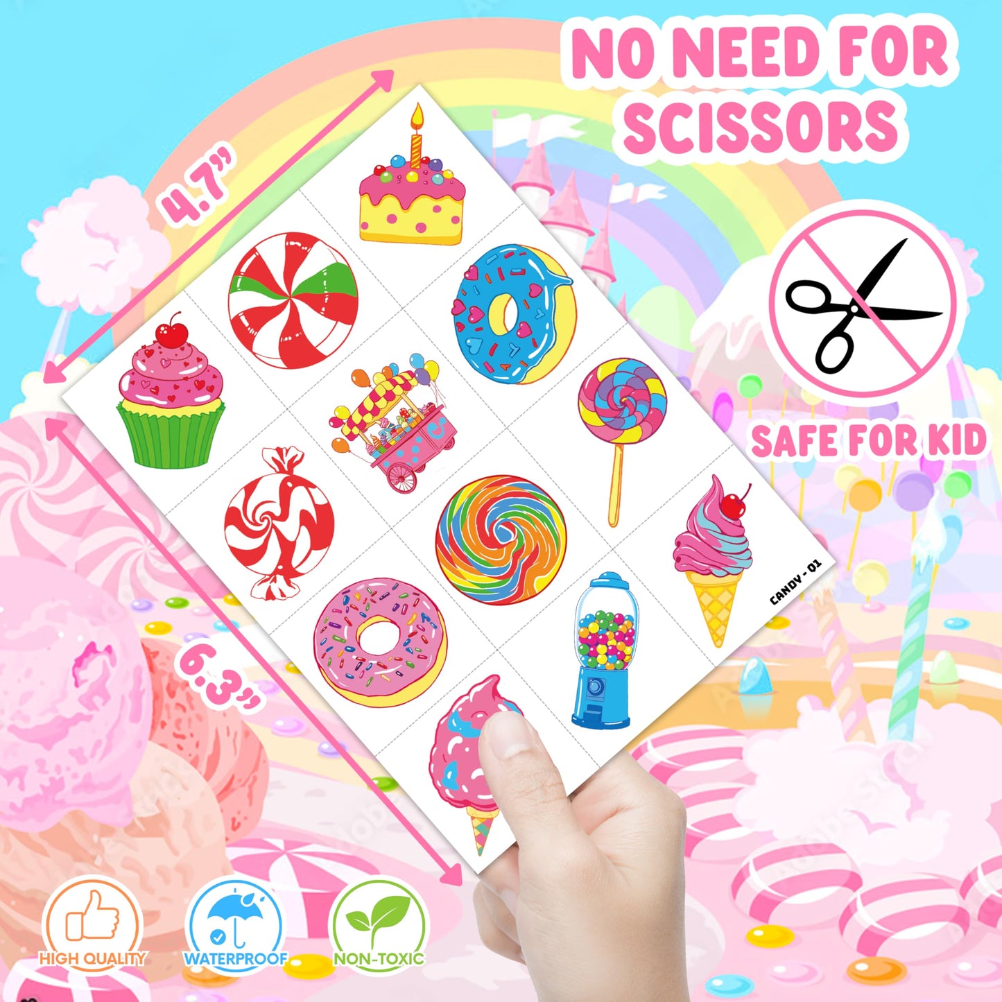 96 PCS Pre-Cut Candy Temporary Tattoos for Kids Birthday Party Favors