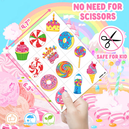 96 PCS Pre-Cut Candy Temporary Tattoos for Kids Birthday Party Favors
