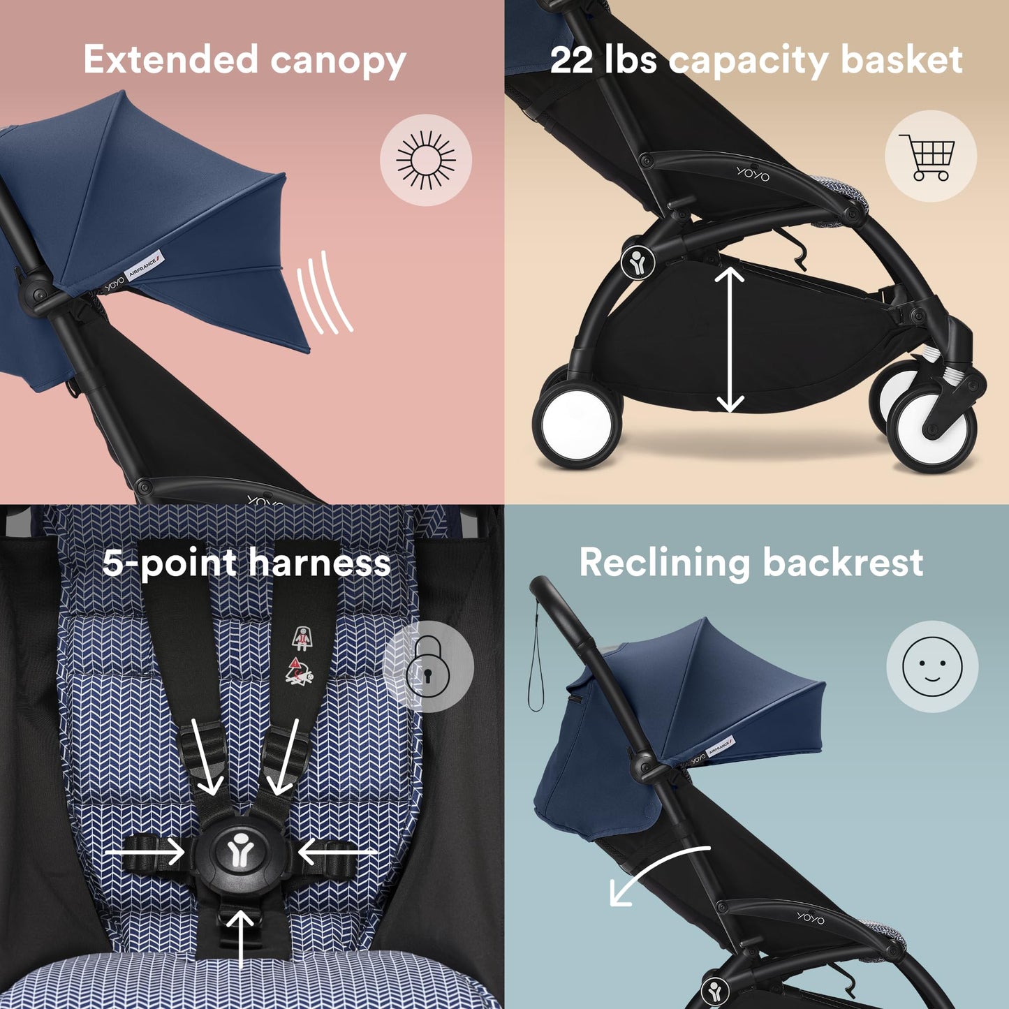 Stokke YOYO3 Stroller from 6 Months - Includes Black Frame/Air France Blue Seat Cushion + Canopy - Folds in & Out in a Flash - Light & Compact - Carry-On Compatible