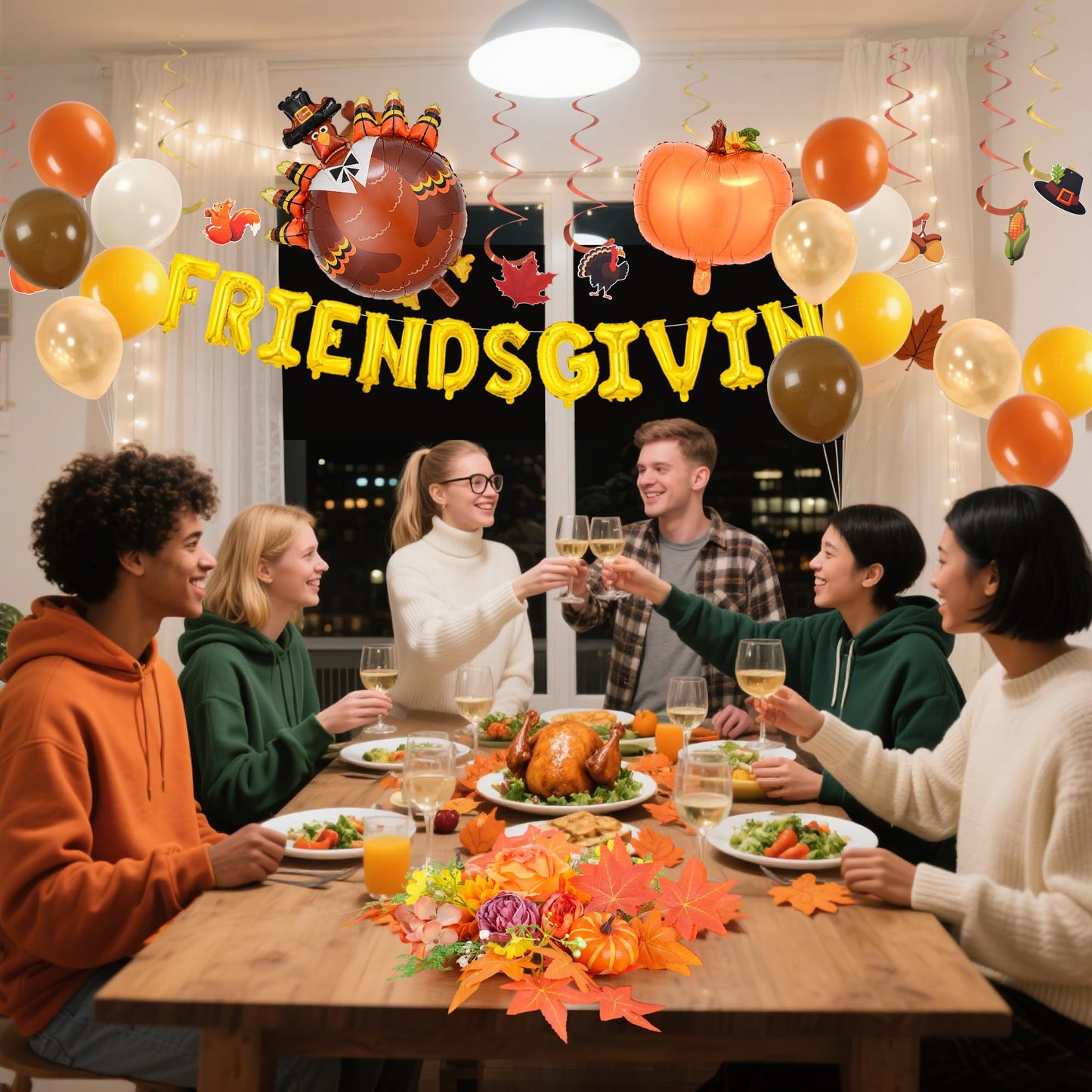 Party to Be Thanksgiving Decorations Set of 38 Pieces Friendsgiving Balloon Banner, Hanging Swirls, Pumpkin and Turkey Balloon Kit, Artificial Flower Dinner Table Centerpiece Fall