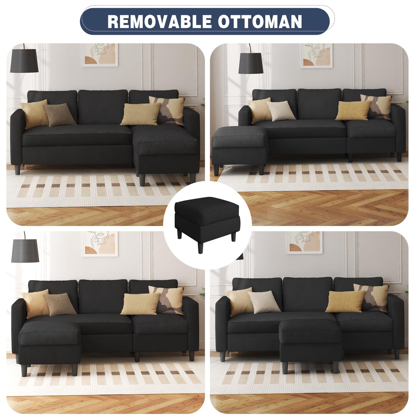 Shintenchi L Shaped Sectional Sofa Couch,Convertible Modular Sofas with Movable Ottoman,3-Seat Upholstered Corduroy Couch,Small Couches for Living Room,Apartment,Office(Black)