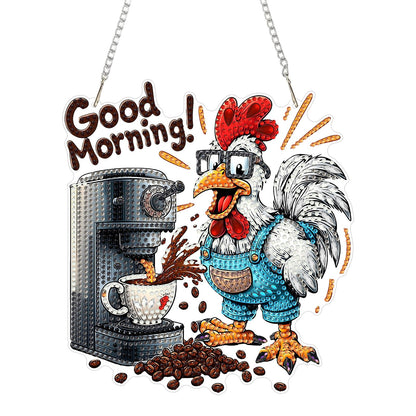 KEYIFA Coffee Diamond Art Hanging Kits with Chain, Special Shaped Drill Diamond Painting Pendant, Rooster Crystal Gem Art Pendant 5D Window Crafts for Wall Garden Door Decor (Width 7.9 in)