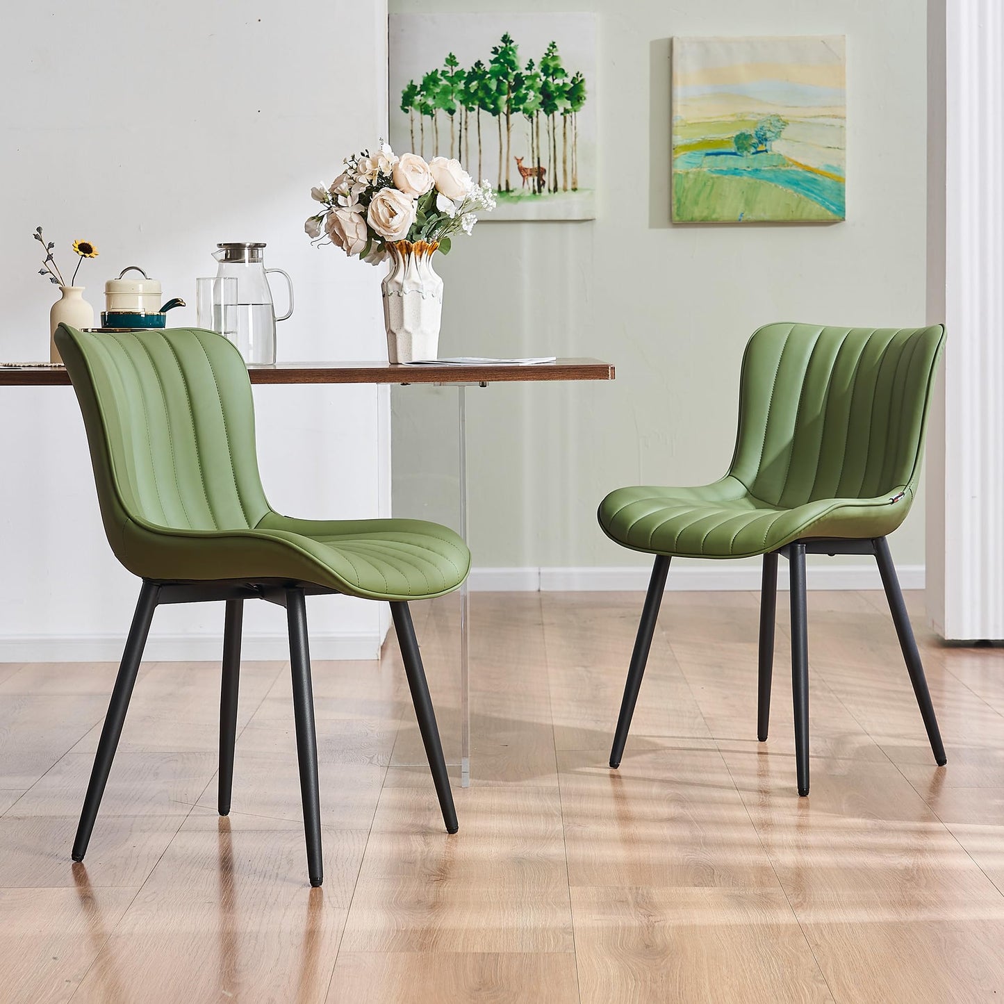 YOUNUOKE Mid-Century Modern Dining Chairs Set of 2, Olive Green Faux Leather Upholstered Accent Chairs with Black Metal Legs, Armless Side Chair for Dining Room, Guest Reception Room