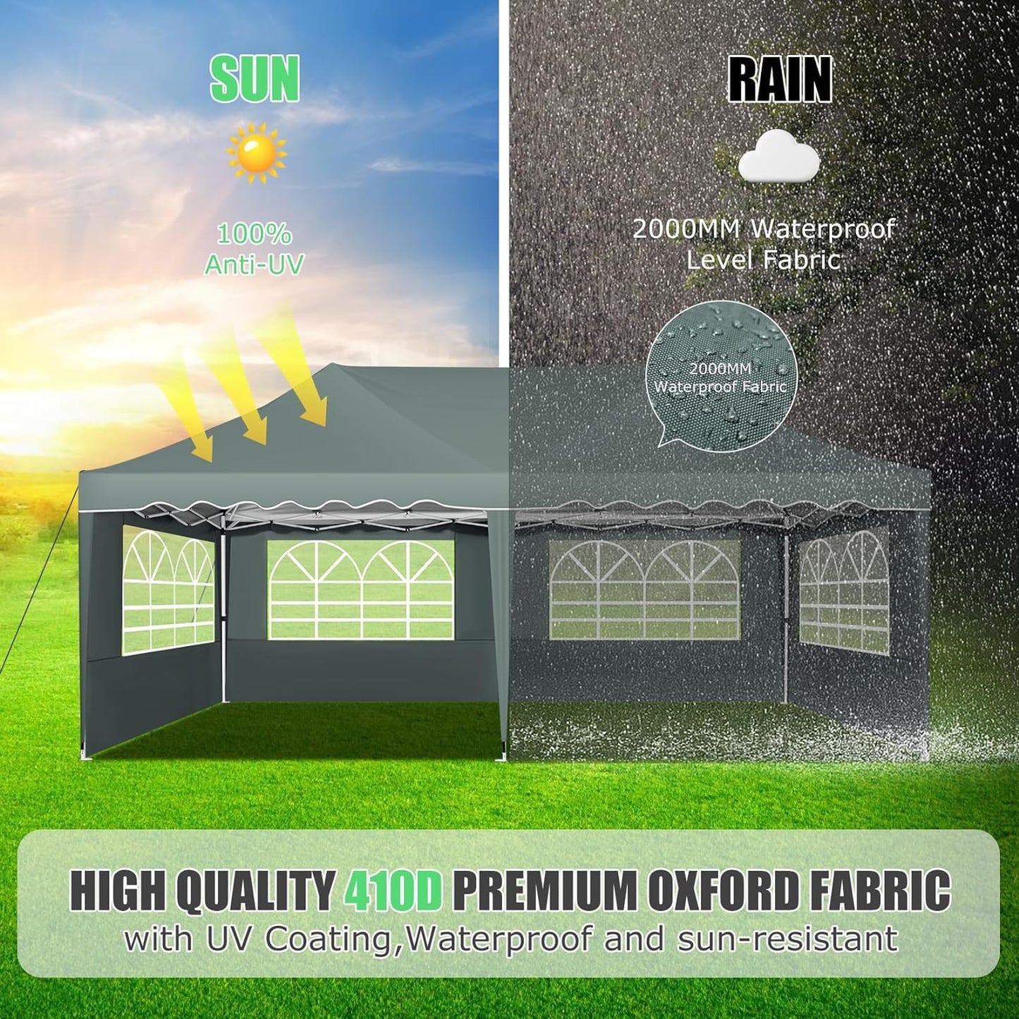 HOTEEL 10x20 Pop up Canopy Tent with 6 sidewalls Easy Up Commercial Outdoor Wedding Party Tents for Parties All Season Wind & Waterproof Gazebo Roller Bag, Gray