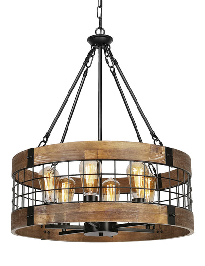 ACNKTZ 6-Light Farmhouse Chandelier for Entryway, Rustic Dining Room Light Fixtures, Industrial Drum Hanging Lighting for Kitchen Island Foyer, Black Wood and Black Metal Finish