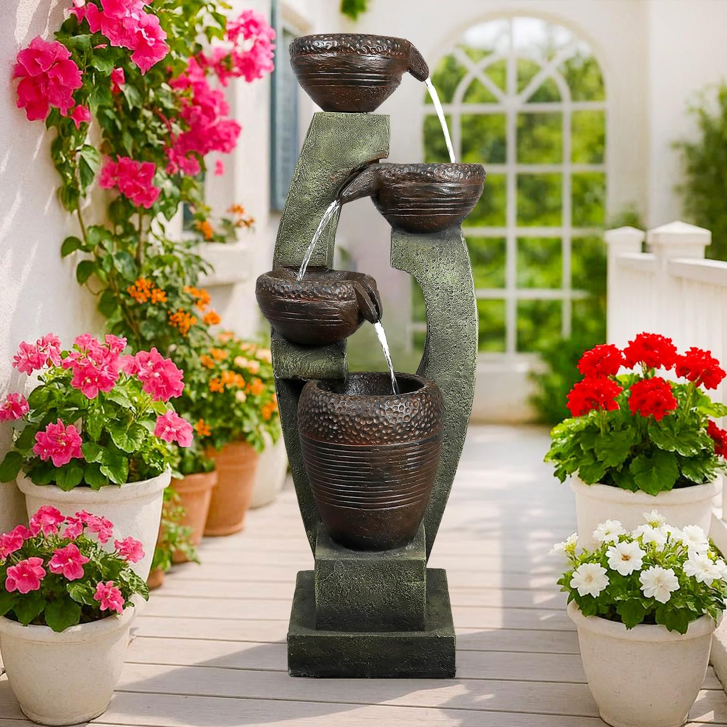 Naturefalls 40" Tall Outdoor Water Fountain and Waterfalls - Large Garden Fountain with LED Lights, 4-Tier Crocks, Indoor and Outdoor Fountains for Garden, Patio, Deck, Porch, Backyard and Home, Gray