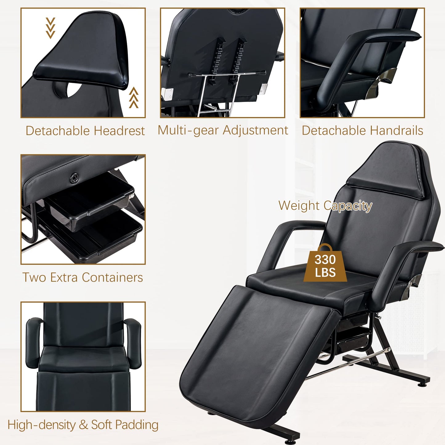 Massage Salon Tattoo Chair with Two Trays Esthetician Bed with Hydraulic Stool,Multi-Purpose 3-Section Facial Bed Table, Adjustable Beauty Barber Spa Beauty Equipment (Black)