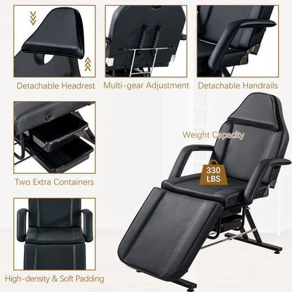 Massage Salon Tattoo Chair with Two Trays Esthetician Bed with Hydraulic Stool,Multi-Purpose 3-Section Facial Bed Table, Adjustable Beauty Barber Spa Beauty Equipment (Black)